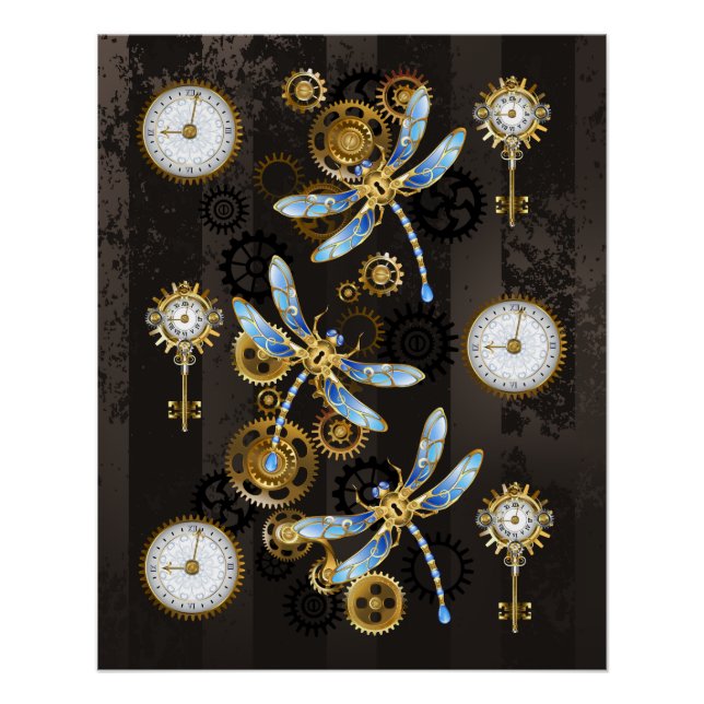 Póster Libélulas Steampunk sobre fondo marrón rayado (Anverso)