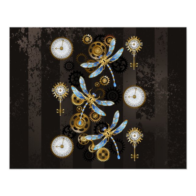 Póster Libélulas Steampunk sobre fondo marrón rayado (Anverso)