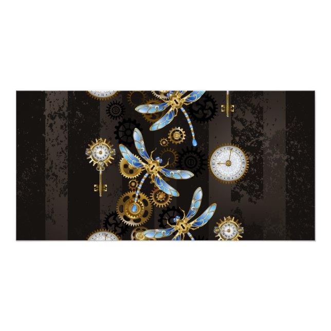 Póster Libélulas Steampunk sobre fondo marrón rayado (Anverso)