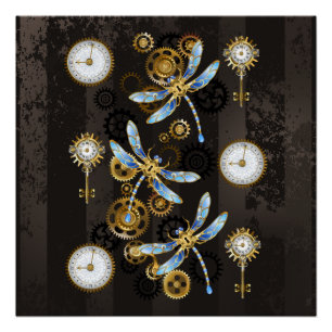 Póster Libélulas Steampunk sobre fondo rayado marrón