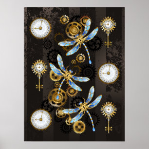 Póster Libélulas Steampunk sobre fondo rayado marrón