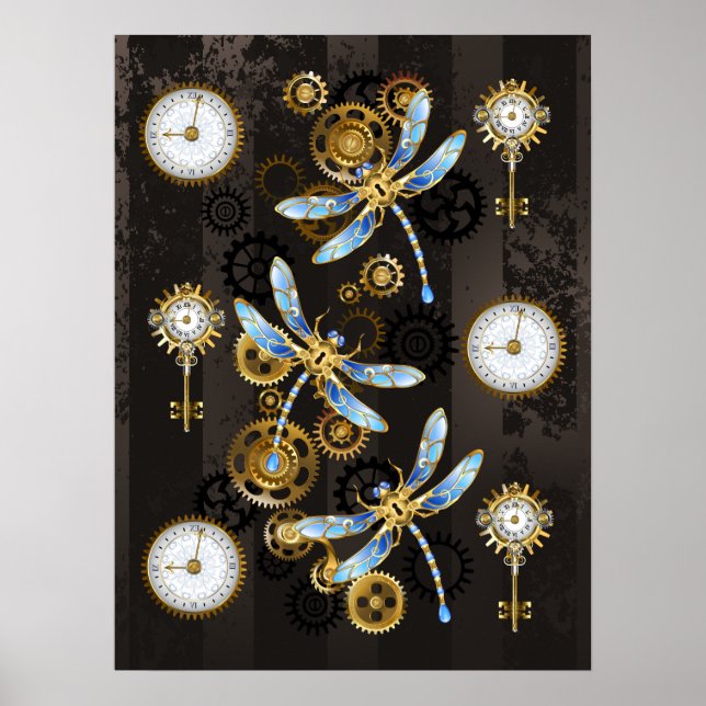 Póster Libélulas Steampunk sobre fondo rayado marrón (Frente)