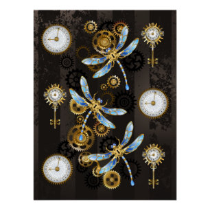 Póster Libélulas Steampunk sobre fondo rayado marrón