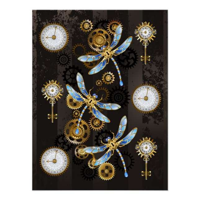 Póster Libélulas Steampunk sobre fondo rayado marrón (Anverso)