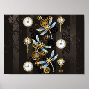 Póster Libélulas Steampunk sobre fondo rayado marrón