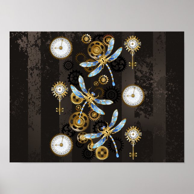 Póster Libélulas Steampunk sobre fondo rayado marrón (Frente)