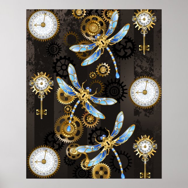 Póster Libélulas Steampunk sobre fondo rayado marrón (Frente)