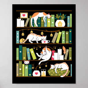 Póster Library cats - whimsical cats on the book shelves