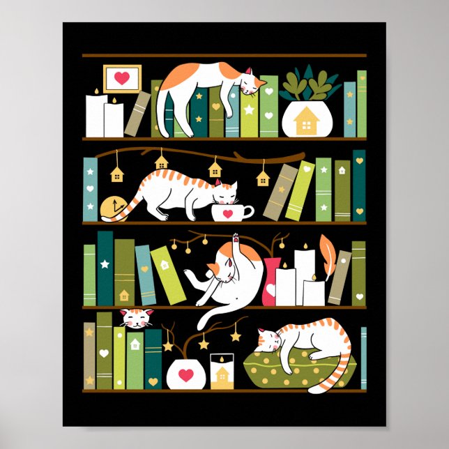 Póster Library cats - whimsical cats on the book shelves (Frente)