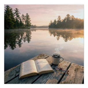 Póster Libro Abierto Con Café En un Muelle de Lago