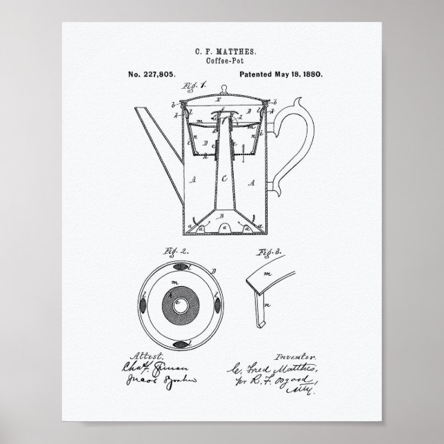 Póster Libro Blanco de la Patente Coffee Pot 1880 (Frente)