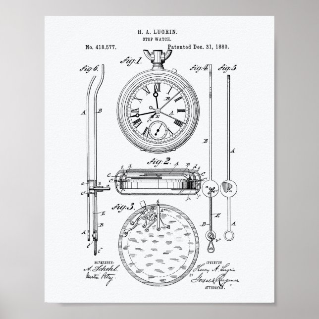 Póster Libro blanco Stop Watch 1889 Patent Art (Frente)
