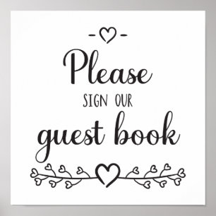 Póster Libro de Bodas de Black White Caligraphy Hearts