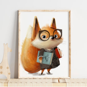 Póster Libro de estudiante de zorro de acuarela linda I