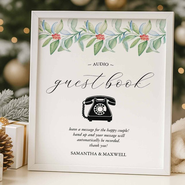Póster Libro de firmas de audio para boda de invierno (Winter wedding audio guestbook sign with watercolor botanicals.)