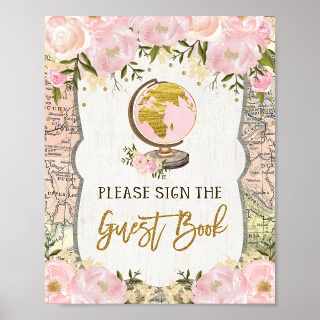 Póster Libro de firmas de aventura de mapa floral rosa ru (Frente)
