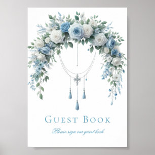 Póster Libro de firmas de bautizo con rosa azul y cruz de