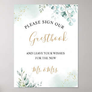 Póster Libro de firmas de boda con hojas de eucalipto dor