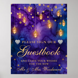 Póster Libro de firmas de boda con luces de linterna mora