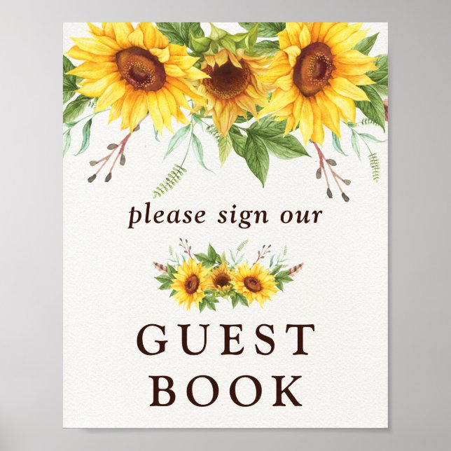 Póster Libro de firmas de boda de girasoles acuarela rúst (Frente)