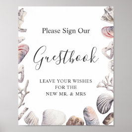 Póster Libro de firmas de boda de playa con conchas al ac