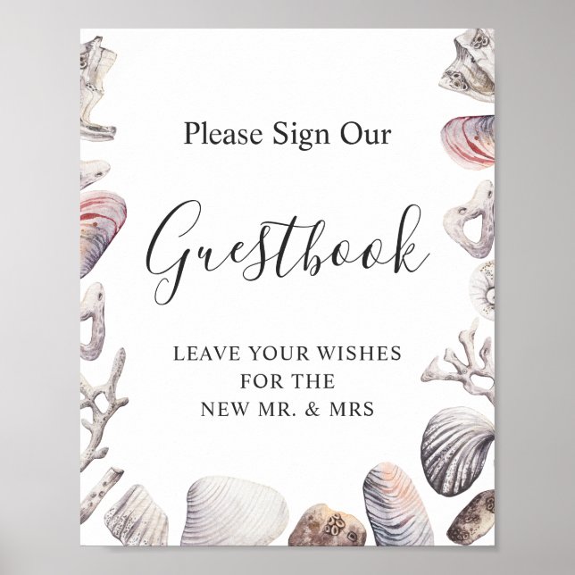 Póster Libro de firmas de boda de playa con conchas al ag (Frente)