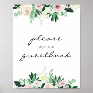 Póster Libro de firmas de boda floral acuarela verde