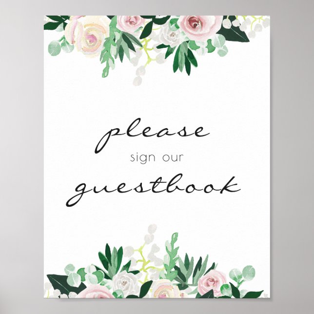 Póster Libro de firmas de boda floral acuarela verde (Frente)