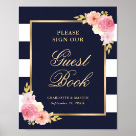 Póster Libro de Firmas de Boda Floral Azul Elegante con L