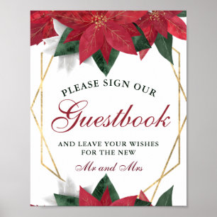 Póster Libro de firmas de boda floral de poinsettia roja 