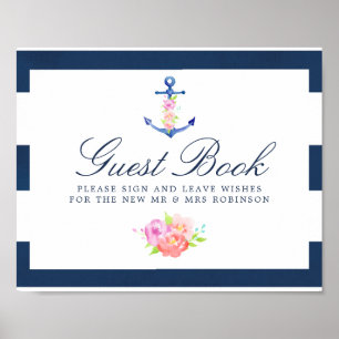 Póster Libro de firmas de boda floral náutico acuarela Si
