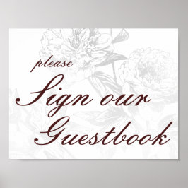 Póster Libro de firmas de boda floral simple plata borgoñ