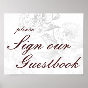 Póster Libro de firmas de boda floral simple plata borgoñ