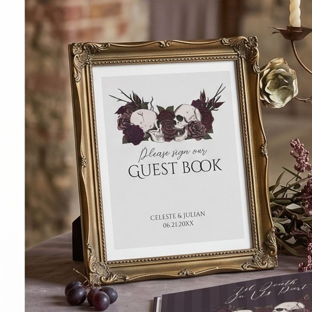 Póster Libro de firmas de calaveras y rosas góticas suave (Moody mauve maroon gothic skulls and roses hand-drawn illustration in black ink for gothic wedding)