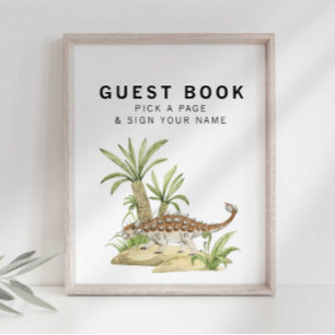 Póster Libro de firmas de dinosaurio jurásico acuarela
