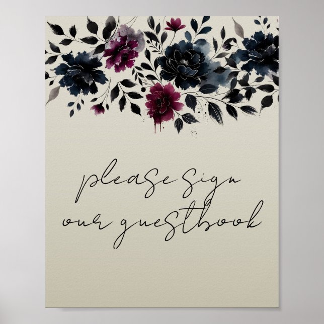 Póster Libro de firmas de flores azul medianoche de Borgo (Frente)