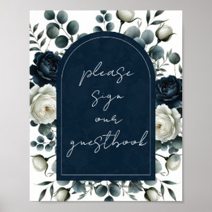 Póster Libro de firmas de flores modernas azul oscuro y b