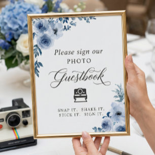 Póster Libro de Firmas de Foto Instantánea Floral Azul Po
