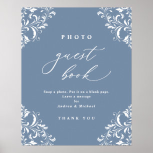 Póster Libro de firmas de fotos de boda elegante en azul 