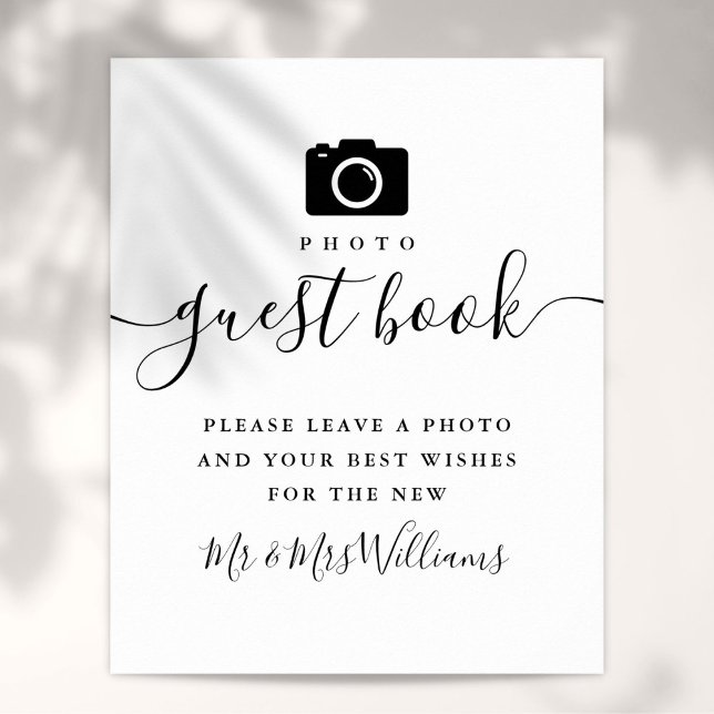 Póster Libro de firmas de fotos negro y blanco con letrer (Photo Guest Book Black And White Script Sign)