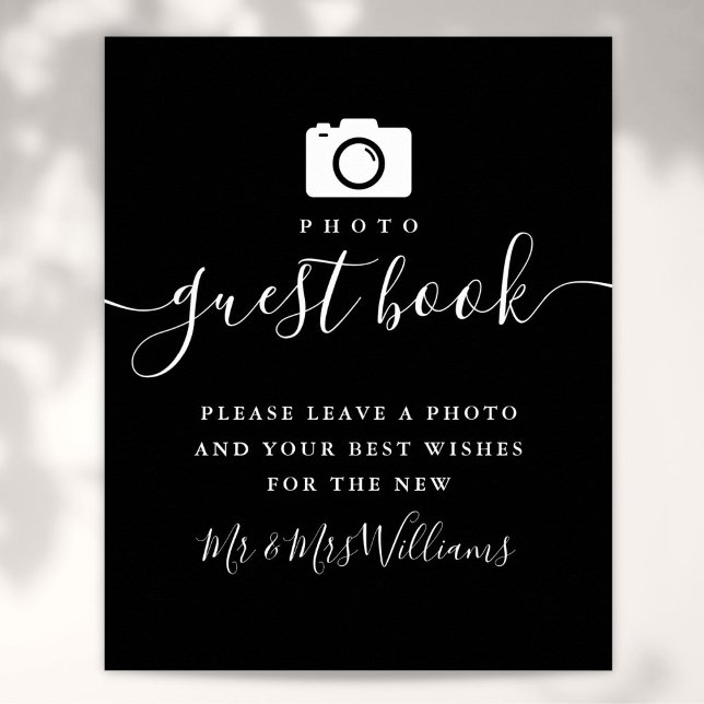 Póster Libro de firmas de fotos negro y blanco con letrer (Photo Guest Book Black And White Script Sign)