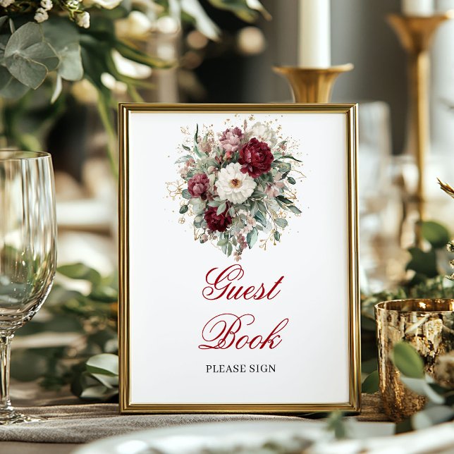 Póster Libro de Firmas de Invitados Burgundy Rubor Sofist (Sophisticated Blush Burgundy Guest Book Sign)