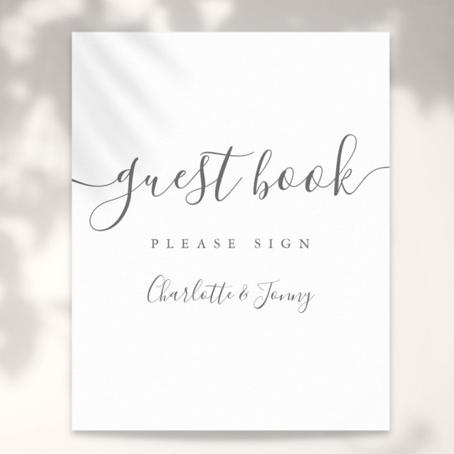 Póster Libro de firmas de invitados con guión de gris y b (Gray And White Signature Script Guest Book Sign)