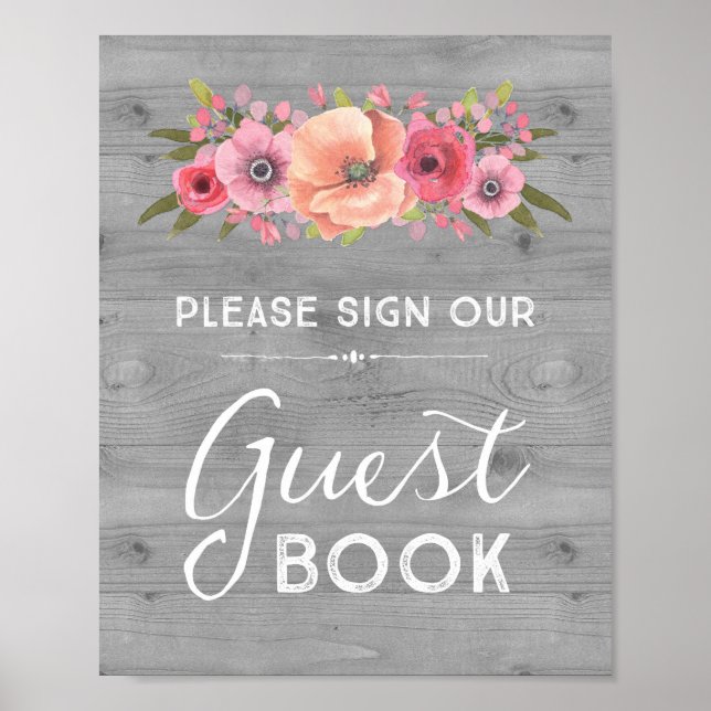 Póster Libro de firmas de invitados de boda con flores de (Frente)