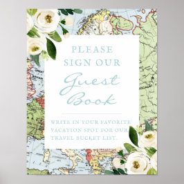Póster Libro de firmas de tema de viaje con mapa floral S