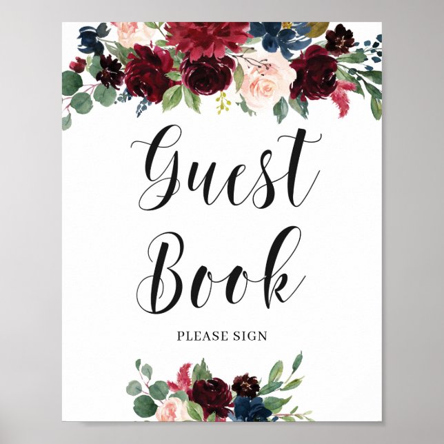 Póster Libro de firmas floral rosa oscuro y azul marino (Frente)