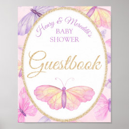 Póster Libro de firmas para baby shower con mariposa rosa