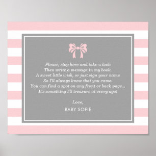 Póster Libro de firmas para baby shower con rayas rosadas
