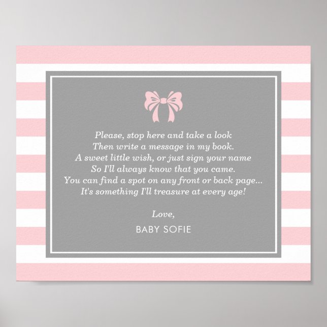 Póster Libro de firmas para baby shower con rayas rosadas (Frente)