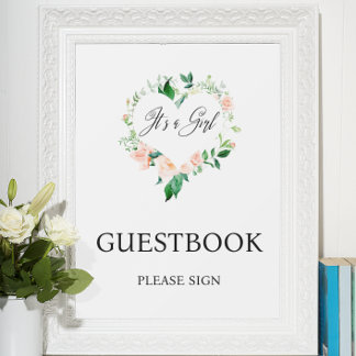 Póster Libro de firmas para baby shower floral de melocot